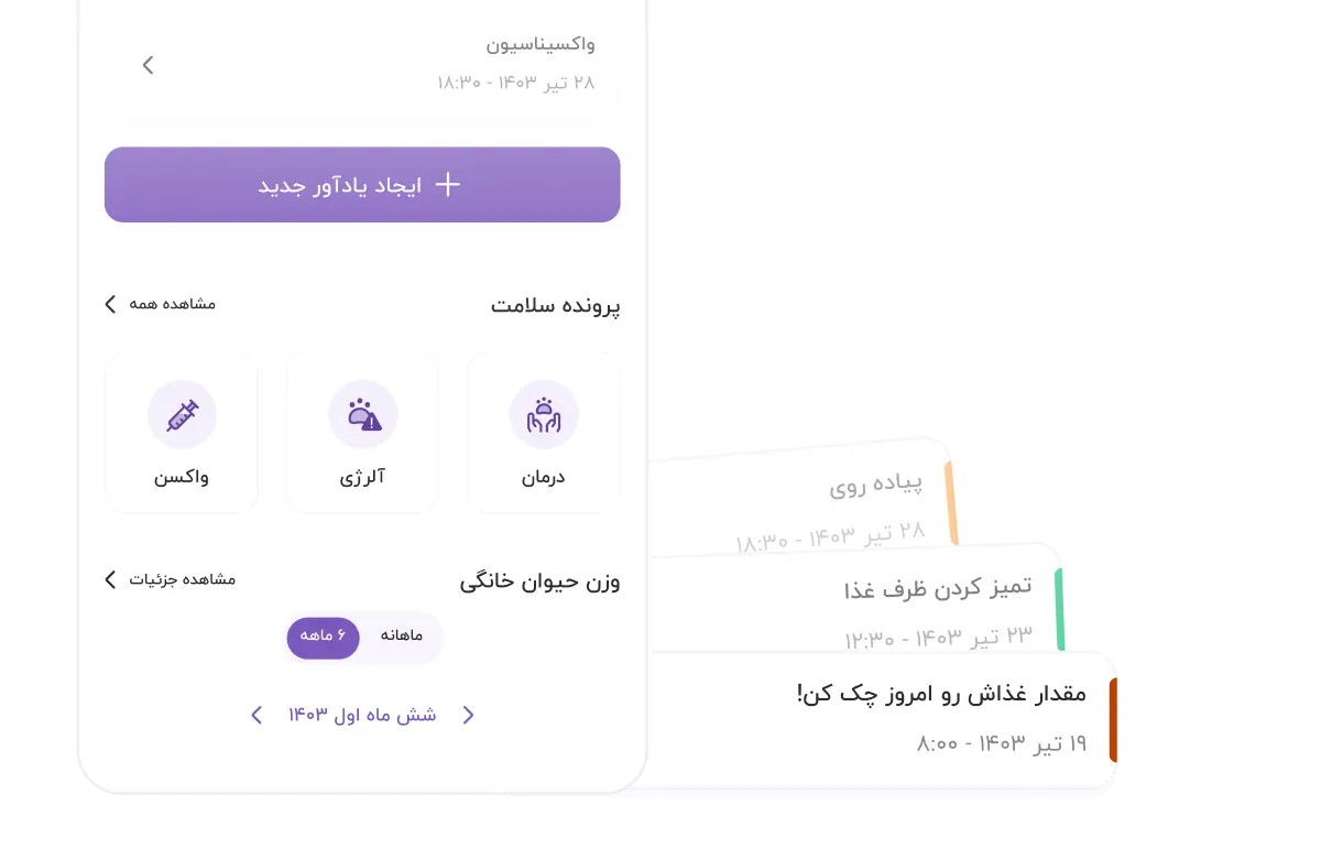 نمای خانه پتیار با پرونده سلامت و یادآورها